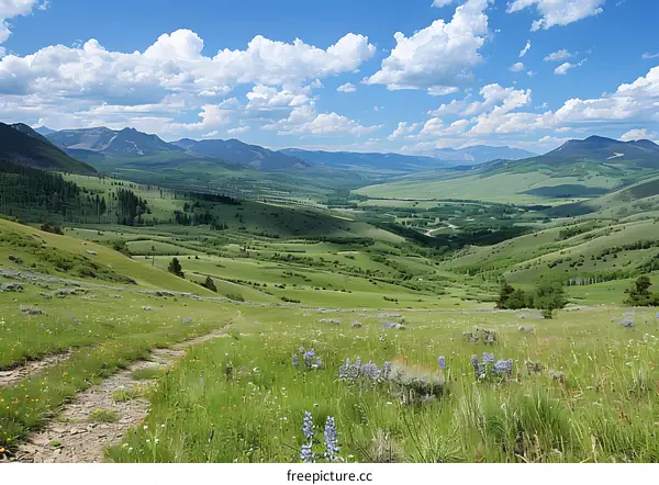 Green Valley Landscape with Mountains and Sky