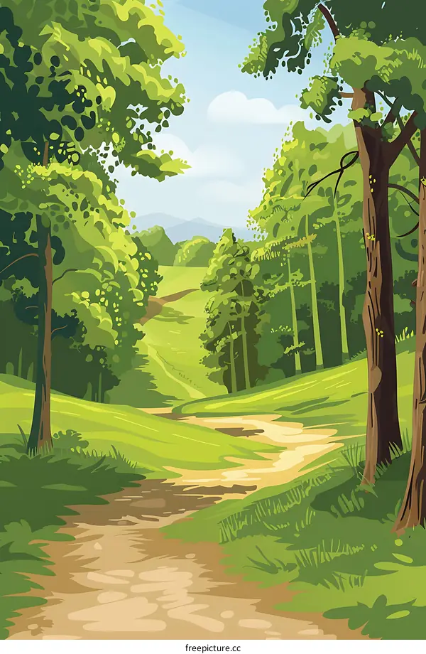 Green Grass Path Through Forest Landscape Illustration