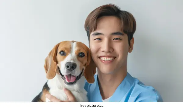 Asian veterinarian smiling with a beagle