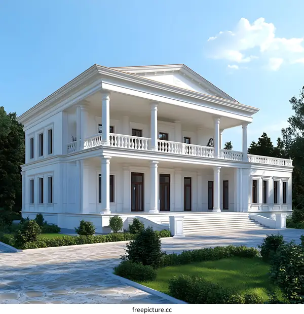 Classic White Mansion with Columns and Balcony