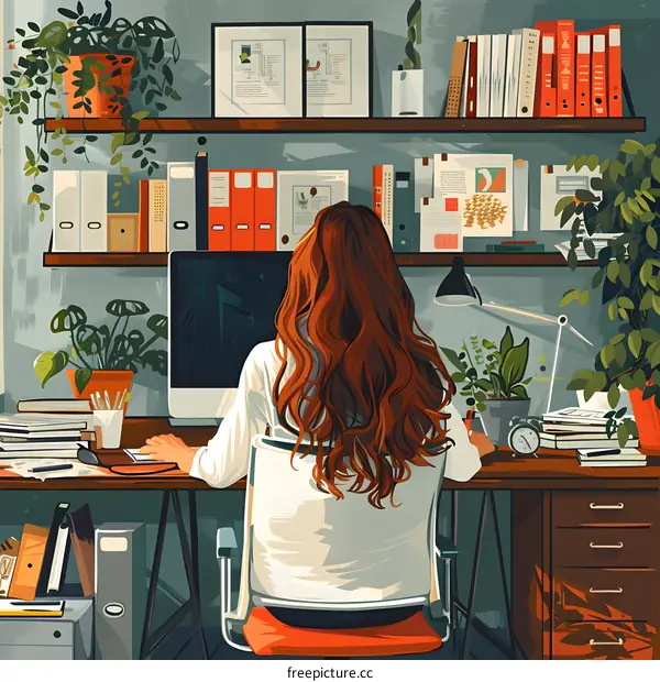 Woman Working at Home Office Desk with Plants and Books