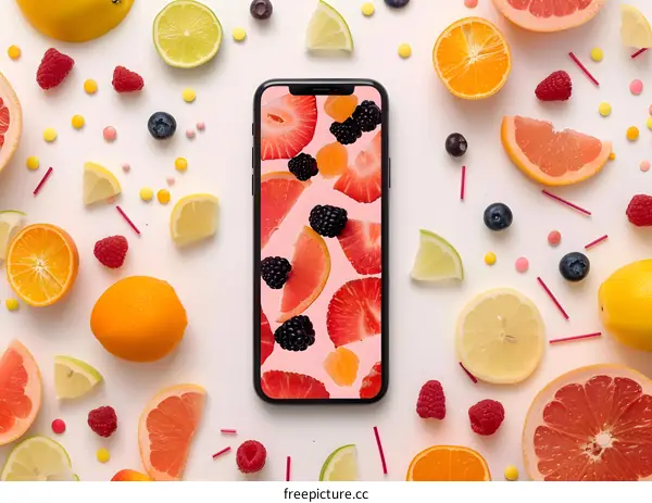 Smartphone with a Colorful Fruit Wallpaper Surrounded by Fresh Fruit