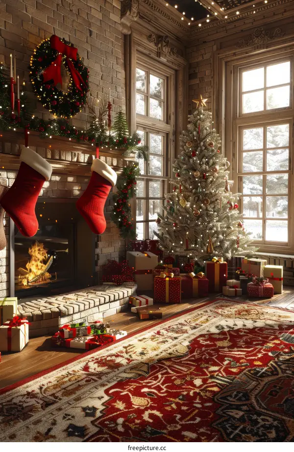 Christmas tree by the fireplace