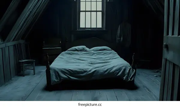 Old Dusty Attic Bedroom With Wooden Bed