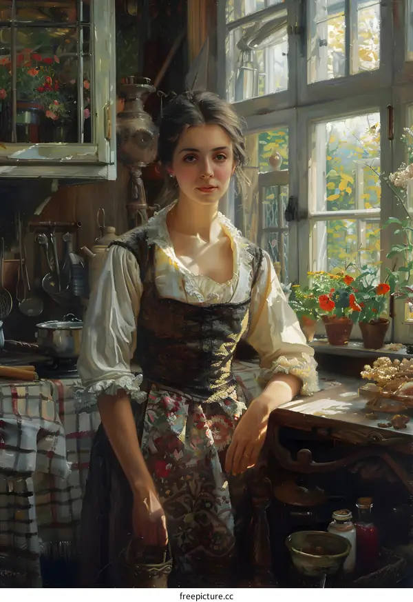 portrait of a young woman in a traditional dress standing in a kitchen