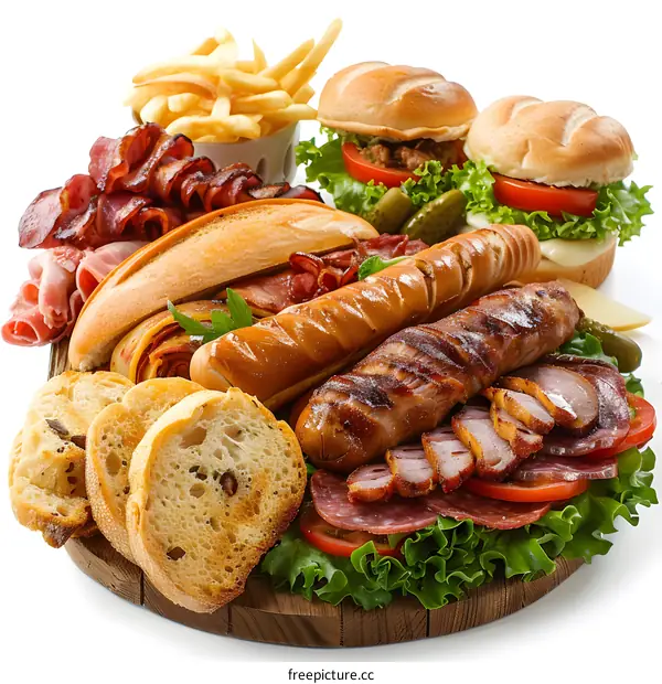 A variety of sausages and sandwiches are on a wooden cutting board.