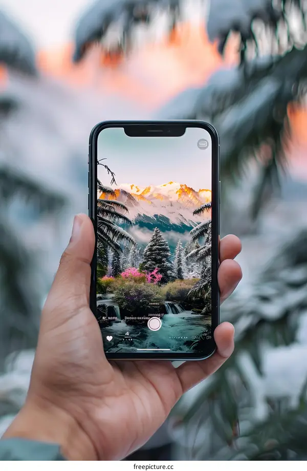Hand Holding Smartphone Showing A Beautiful Landscape