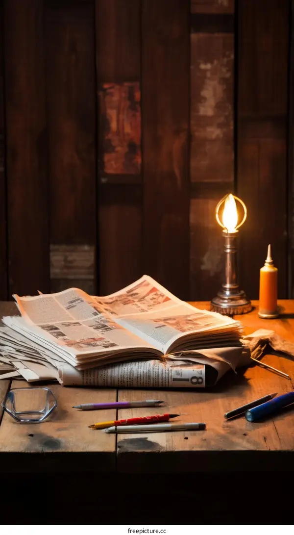 Vintage Desk with Newspapers, Pencils, and Lamp