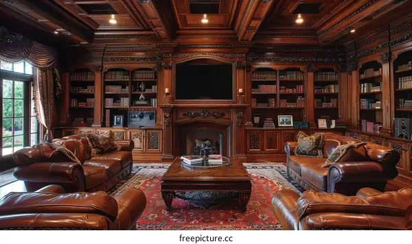 opulent wood paneled library with fireplace and leather furniture