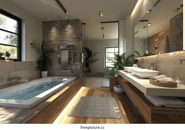 Modern bathroom with stone wall and wooden floor