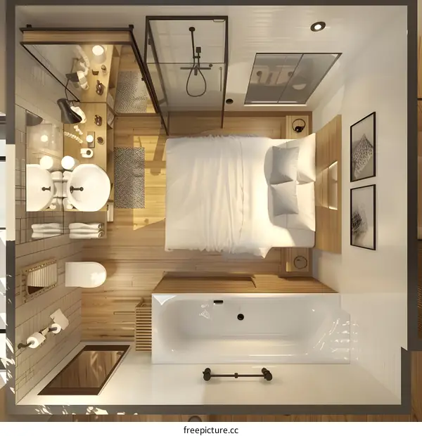 Modern Minimalist Bathroom Design with Wooden Accents and a Freestanding Bathtub