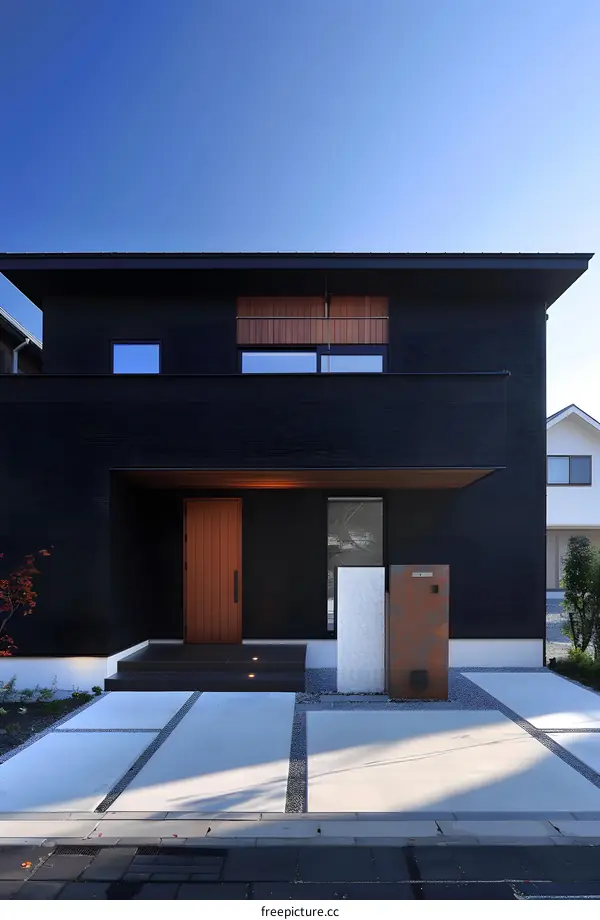 Modern Black House with Wooden Accents and Gravel Driveway