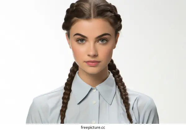 Portrait of a young woman with brown hair and blue eyes wearing a blue shirt