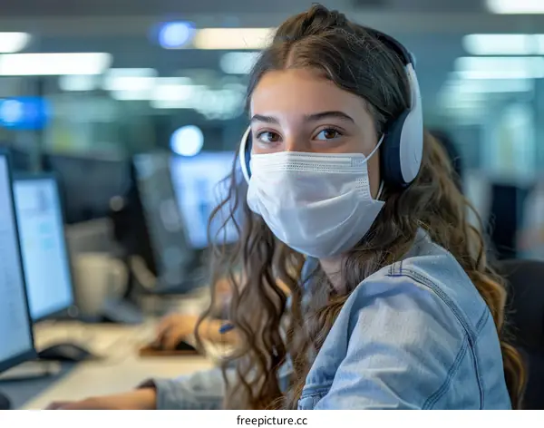 A young woman wearing a surgical mask and headphones is working at a computer.