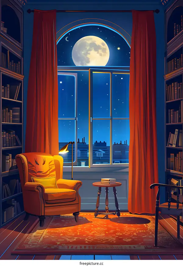 Night View From Window With Full Moon