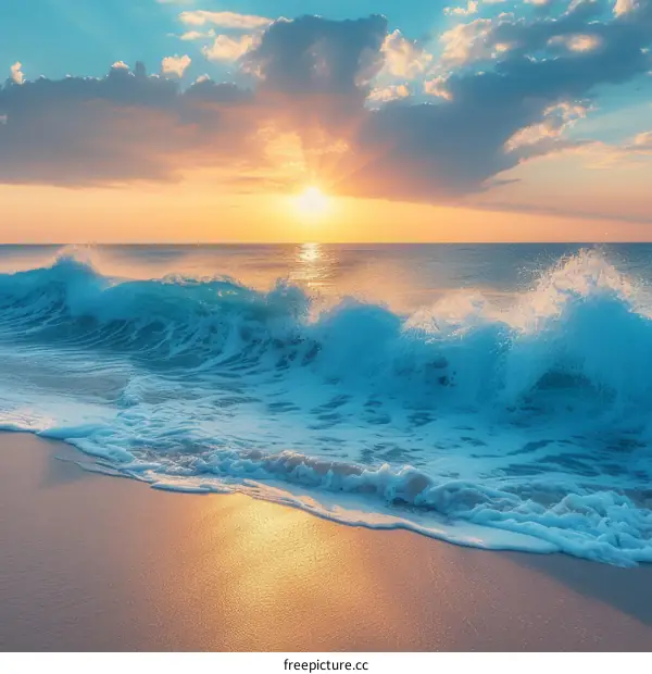 The sun sets over the ocean, casting a warm glow over the waves.