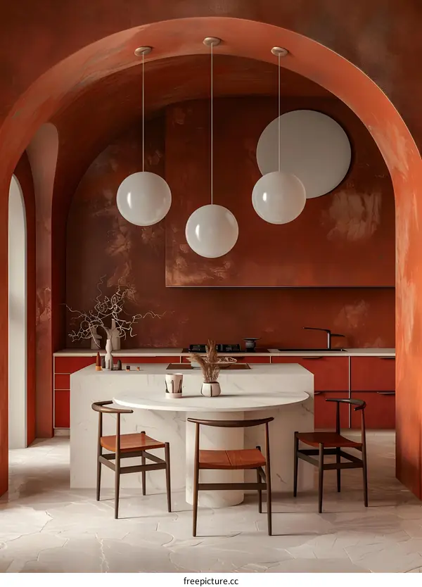 Red minimalist kitchen with round table and chairs