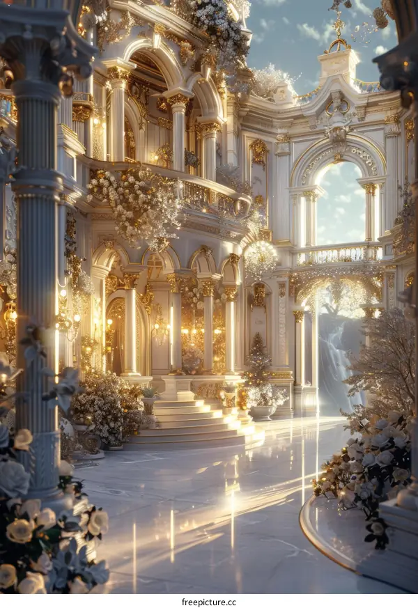 Ornate White and Gold Palace Interior with Marble Floors and Columns