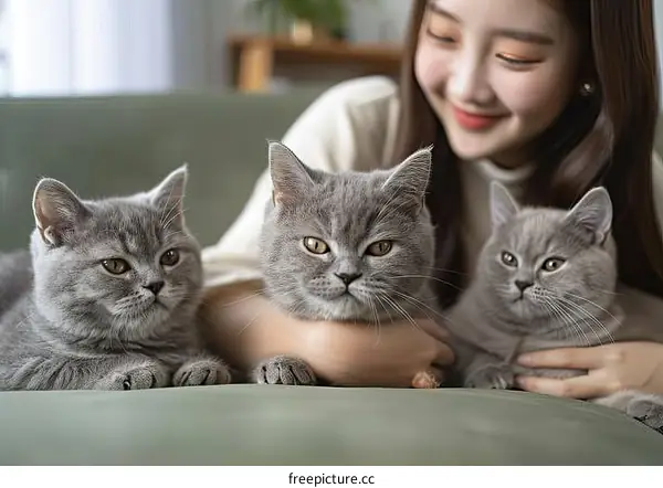 A young woman is sitting on a couch with three British Shorthair cats