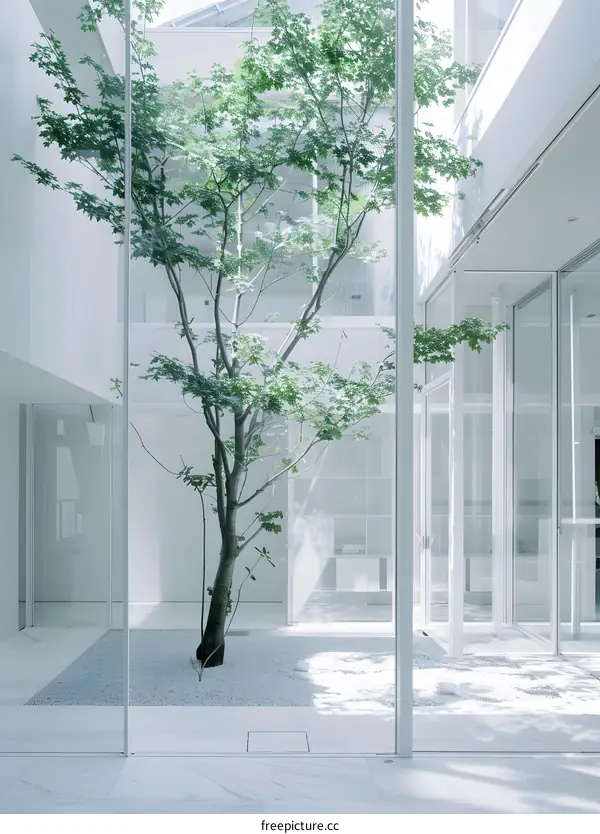 Minimalist Interior Design with Tree in Glass Courtyard
