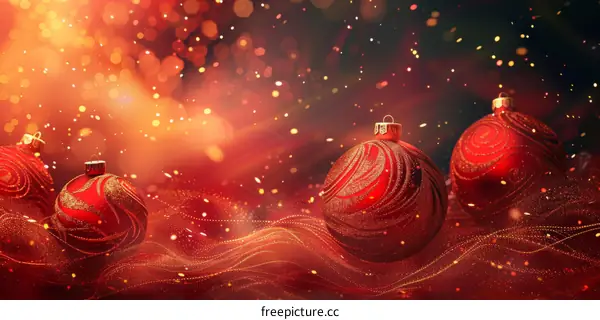 Red and gold Christmas ornaments on a red background