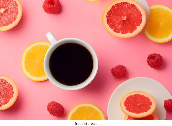 Coffee Cup with Citrus Fruit and Raspberries on Pink Background
