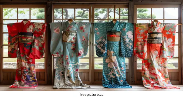 Four colorful kimono displayed in a room with wooden elements