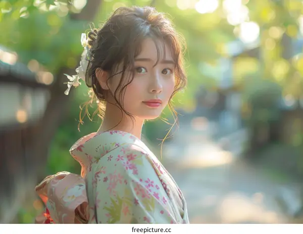 Asian Woman in Traditional Japanese Kimono Outdoors