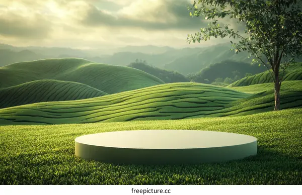 Empty Stage in a Lush Green Tea Plantation Landscape