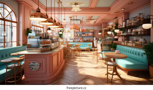 pink and blue retro diner interior with blue banquettes and pink counters and tables