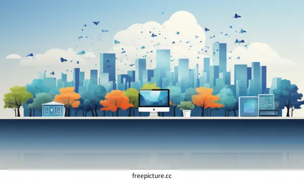 A digital illustration of a city with a computer in the foreground