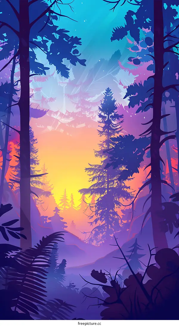 Purple and Blue Forest Sunset Landscape