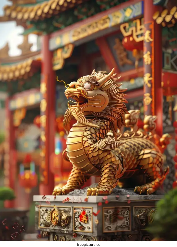 Golden Kirin Statue Guarding a Chinese Temple
