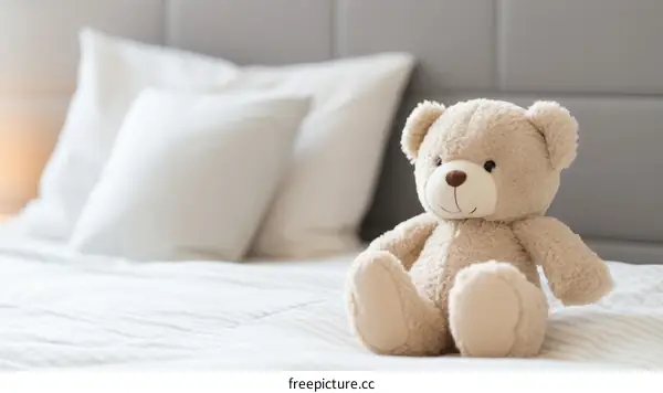 A cuddly teddy bear sitting on a cozy bed