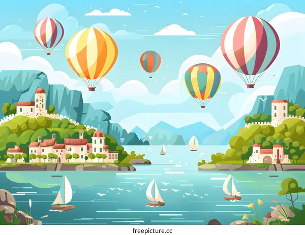 Scenic Mountain View with Hot Air Balloons and Sailboats