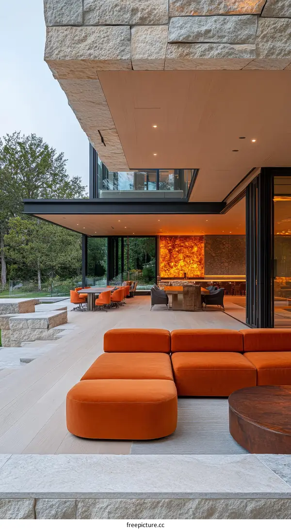 Modern Outdoor Living Area with Orange Sofa