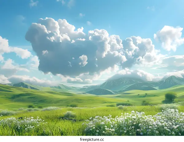 Green rolling hills under a blue sky with white clouds