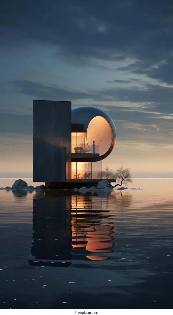 futuristic house on lake at sunset