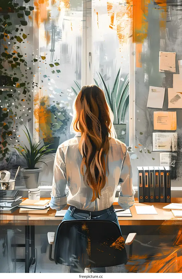 A girl is sitting at her desk, looking out the window