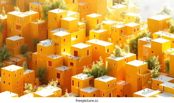 Abstract Cityscape with Yellow Buildings and Green Trees