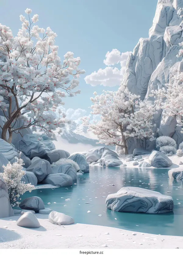 Frozen Alpine Lake with Cherry Blossoms