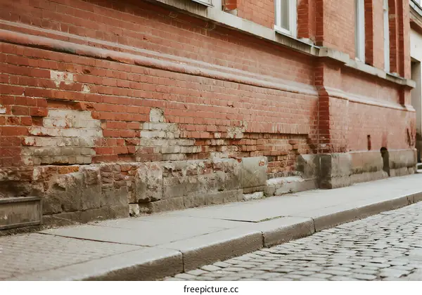 Old brick wall with visible damage on the street side