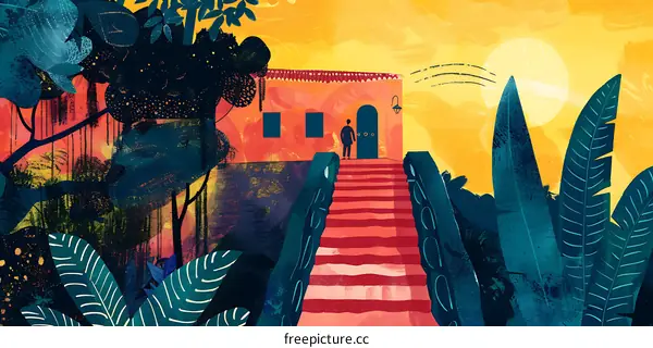 Tropical House with Man Standing on Stairs