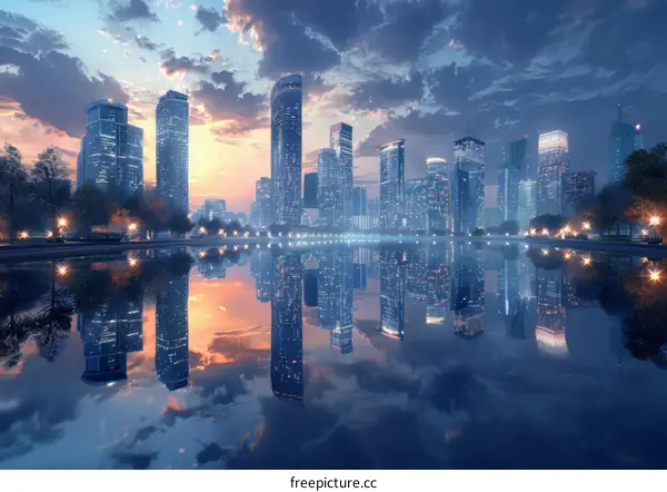 Modern Cityscape with Lake Reflection at Dusk