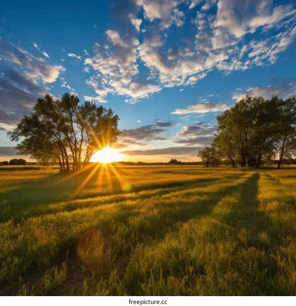 Golden Hour Sunset Over a Tranquil Field