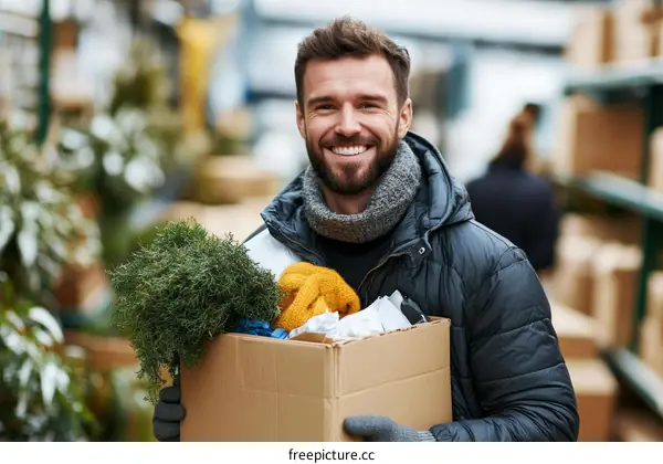 Smiling Man Carrying a Box of Plants in Winter