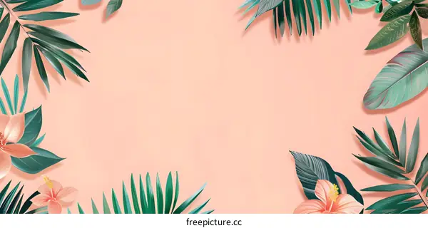 Tropical Leaves and Flowers on a Peach Background