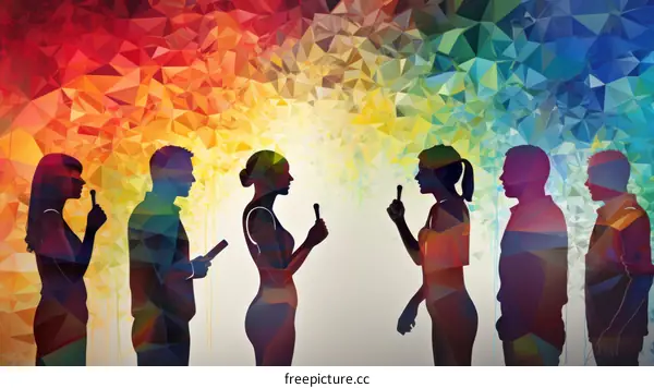 People talking in front of a colorful background