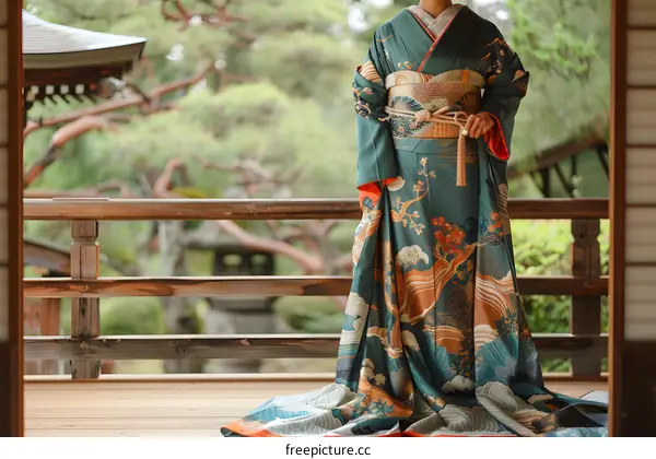 A woman wearing a kimono standing on a wooden balcony
