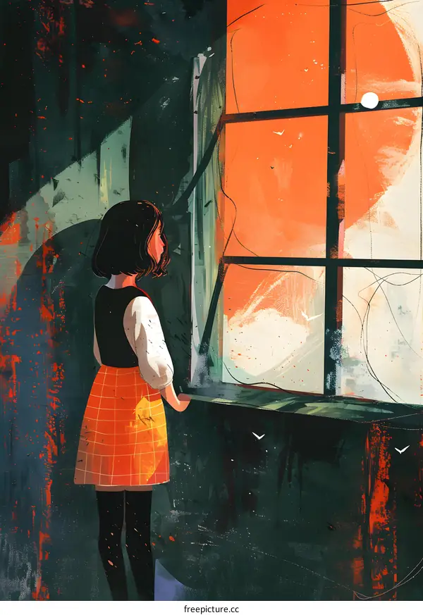 Girl Looking Out Window at Sunset